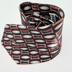 Harbour Classics Mens Geometric Silk Tie Black Orange Silver Oval Pattern